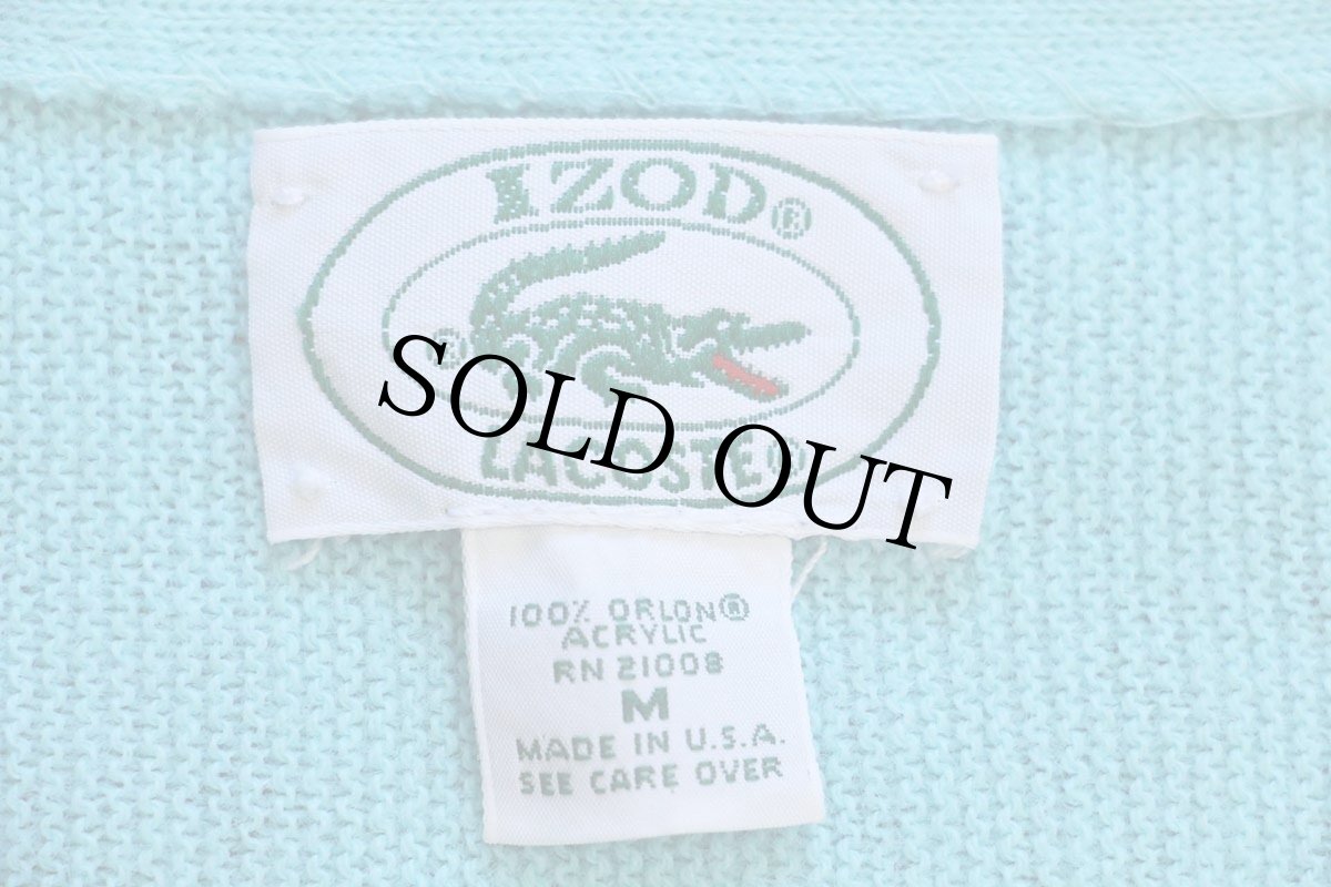 画像4: 80s USA製 IZOD LACOSTE ラコステ ワンポイント パール編み アクリルニット カーディガン 水色 M (4)