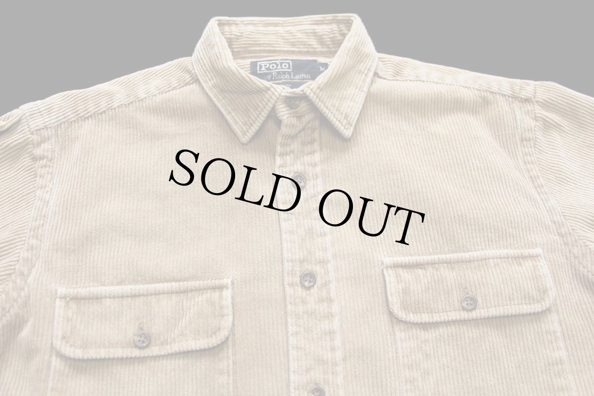 画像3: 90s USA製 ポロ ラルフローレン 太畝 コーデュロイシャツ 薄茶 フェード M (3)