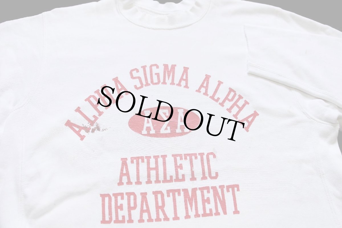 画像3: 90s USA製 ALPHA SIGMA ALPHA フラタニティ 四段中抜き ペンキ飛び カットオフ リバースウィーブ スウェット ボロ 白 XL (3)