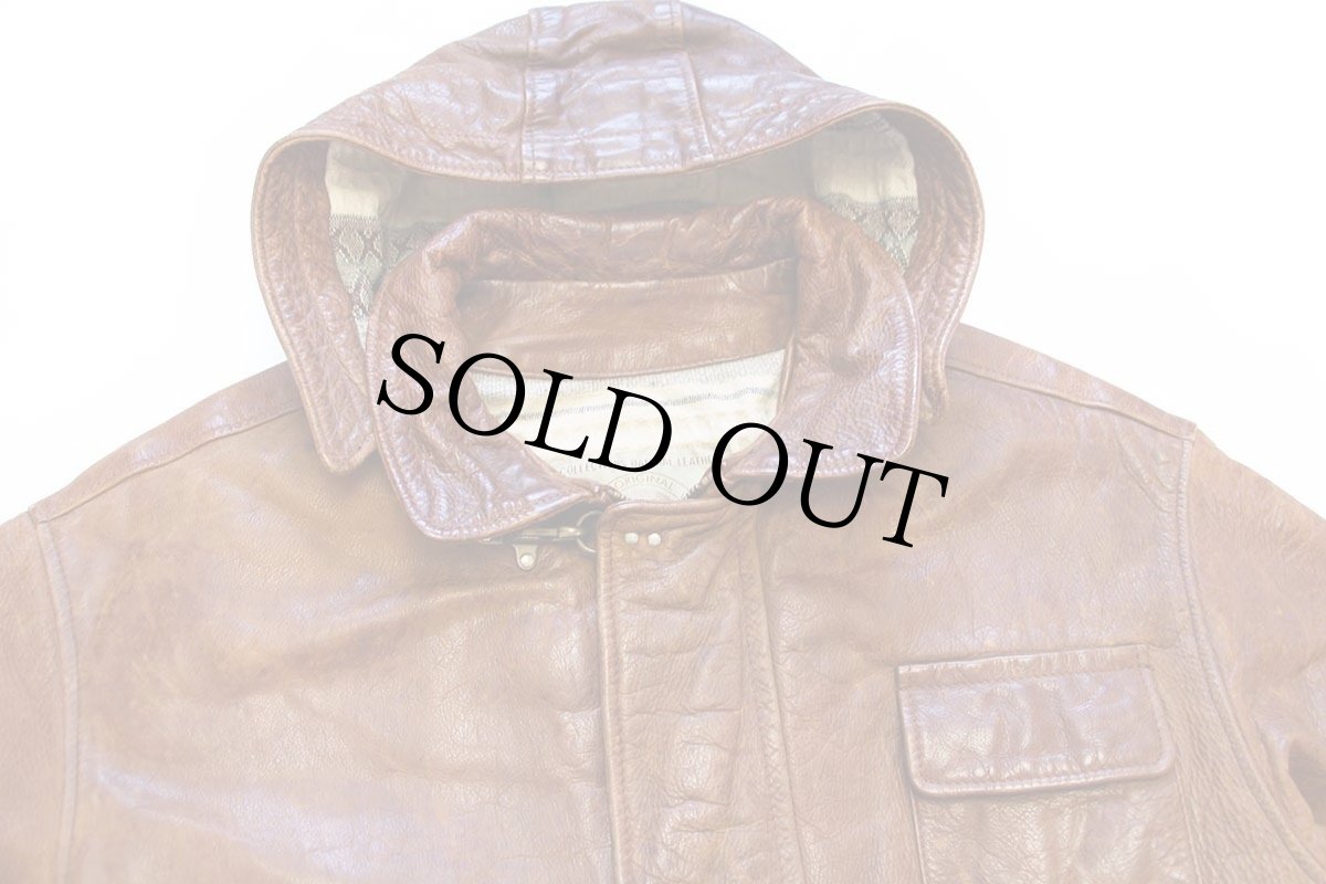 画像3: 90s イタリア製 MAFFEI 織り柄ライナー フード付き レザー ファイヤーマンジャケット 茶 54 (3)