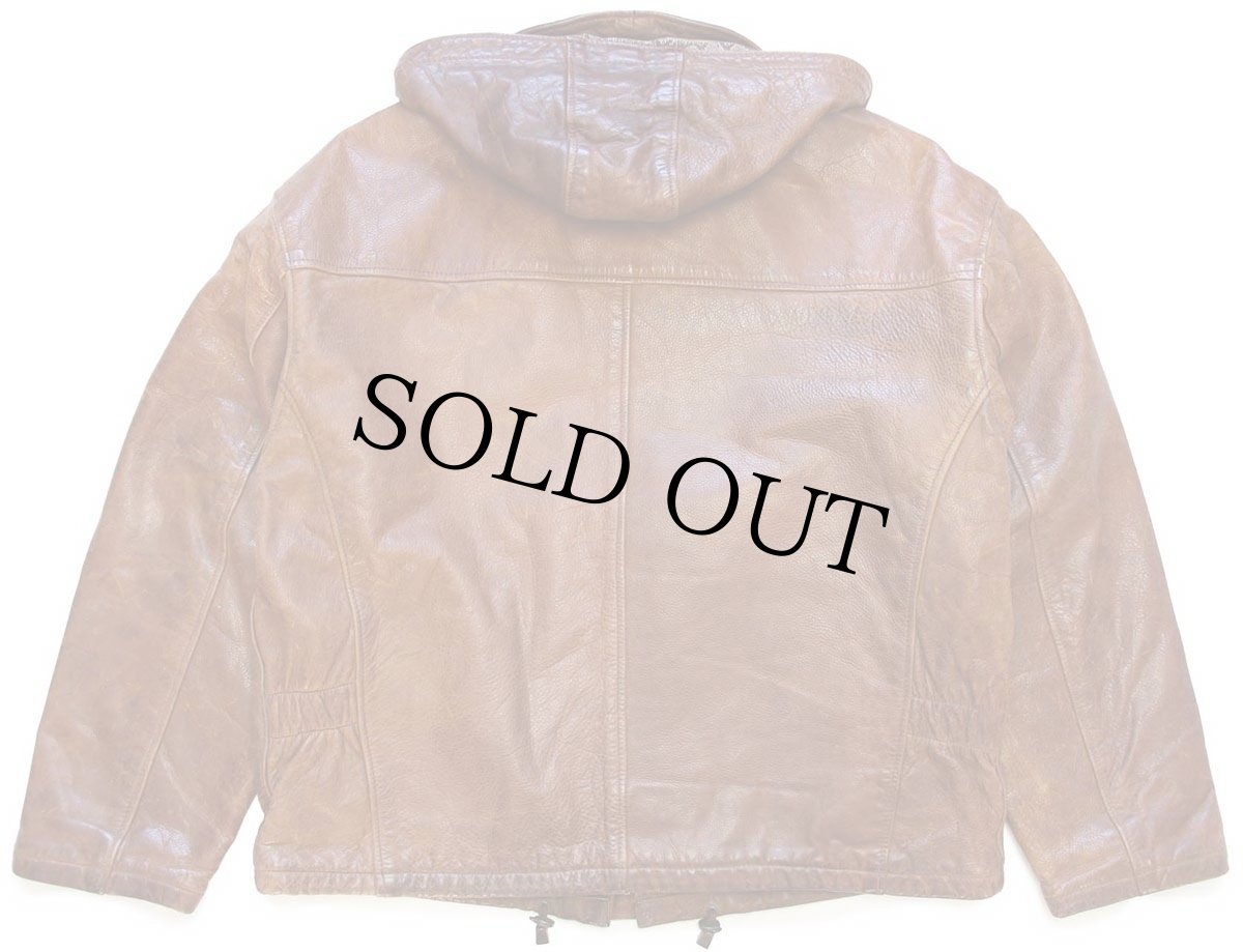 画像2: 90s イタリア製 MAFFEI 織り柄ライナー フード付き レザー ファイヤーマンジャケット 茶 54 (2)