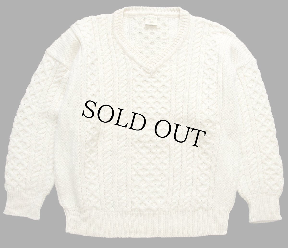 画像1: アイルランド製 Falcara ケーブル編み Vネック ウールニット セーター ナチュラル XL★フィッシャーマン (1)