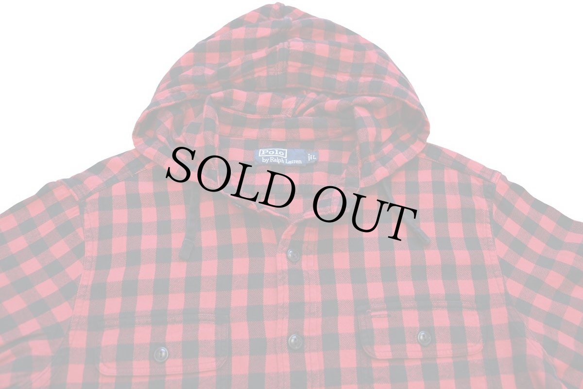 画像3: 00s ポロ ラルフローレン バッファローチェック コットン ライトネル シャツパーカー 赤×黒 L (3)