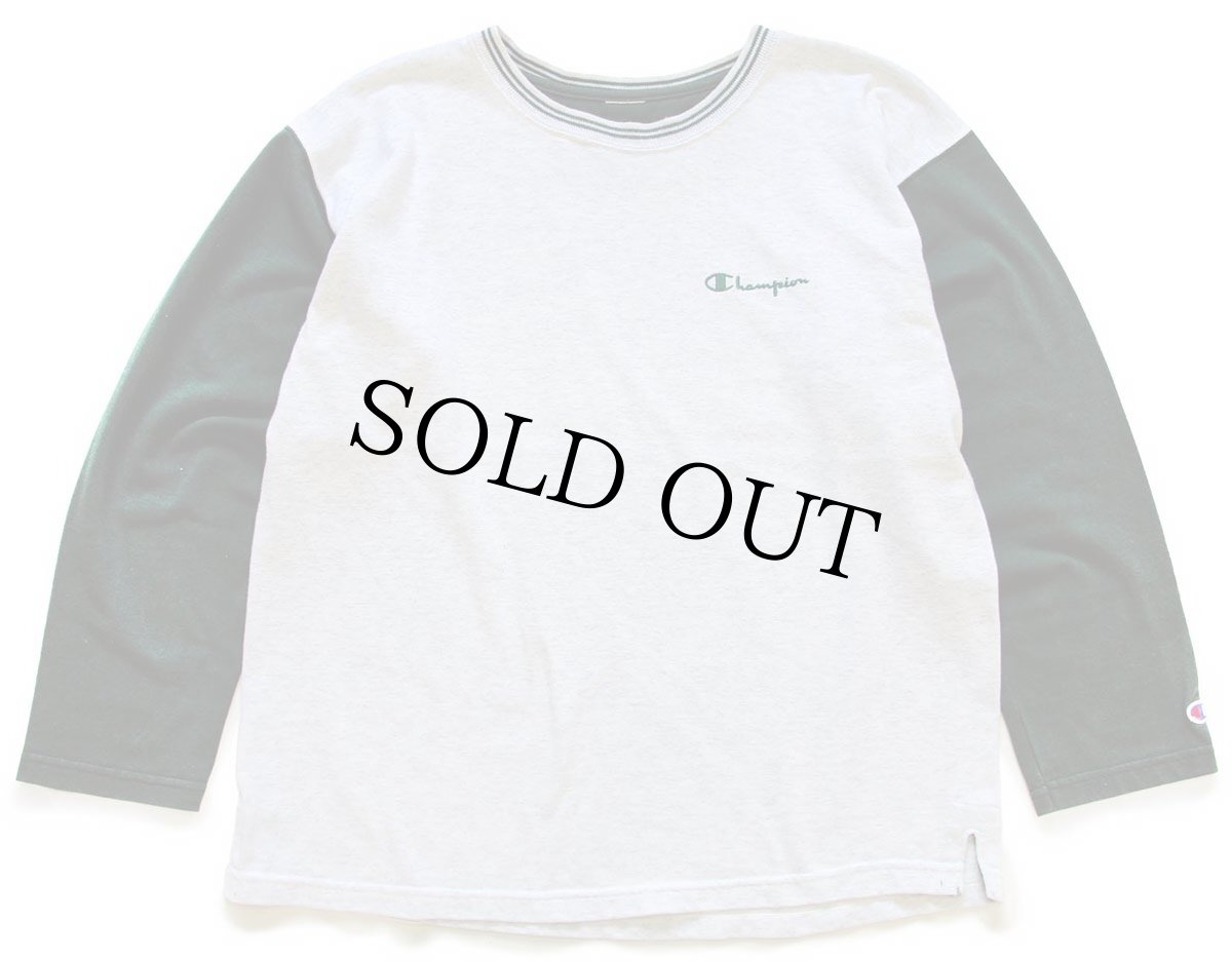 画像1: 90s Championチャンピオン スクリプト ロゴ刺繍 ツートン 切り替え スウェット カットソー 杢ライトグレー×緑 (1)