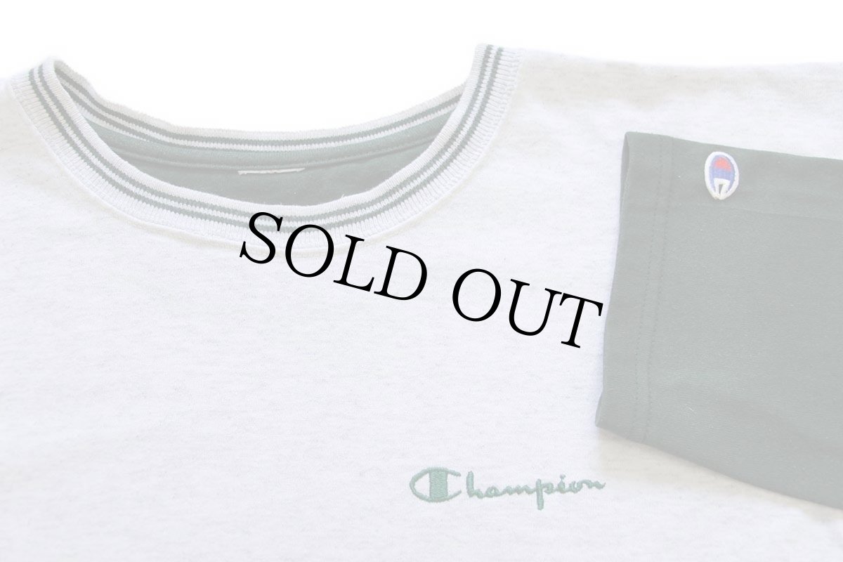 画像3: 90s Championチャンピオン スクリプト ロゴ刺繍 ツートン 切り替え スウェット カットソー 杢ライトグレー×緑 (3)