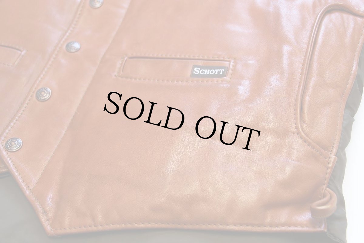 画像8: 80s USA製 Schottショット ナイロン×レザー切り替え ダウンベスト 茶×焦げ茶 44 (8)