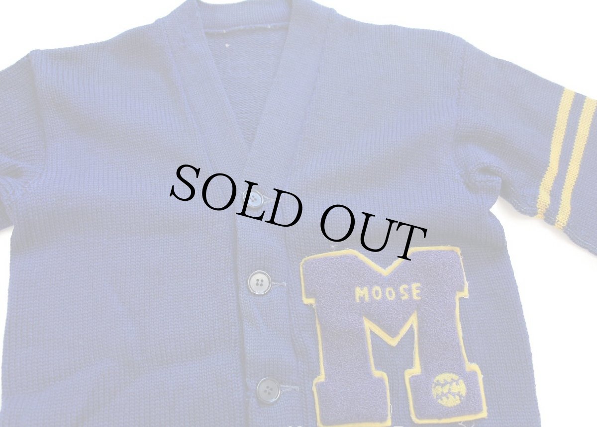 画像3: 50s UNKNOWN MOOSEパッチ付き ウールニット レタードカーディガン ボロ 青 (3)