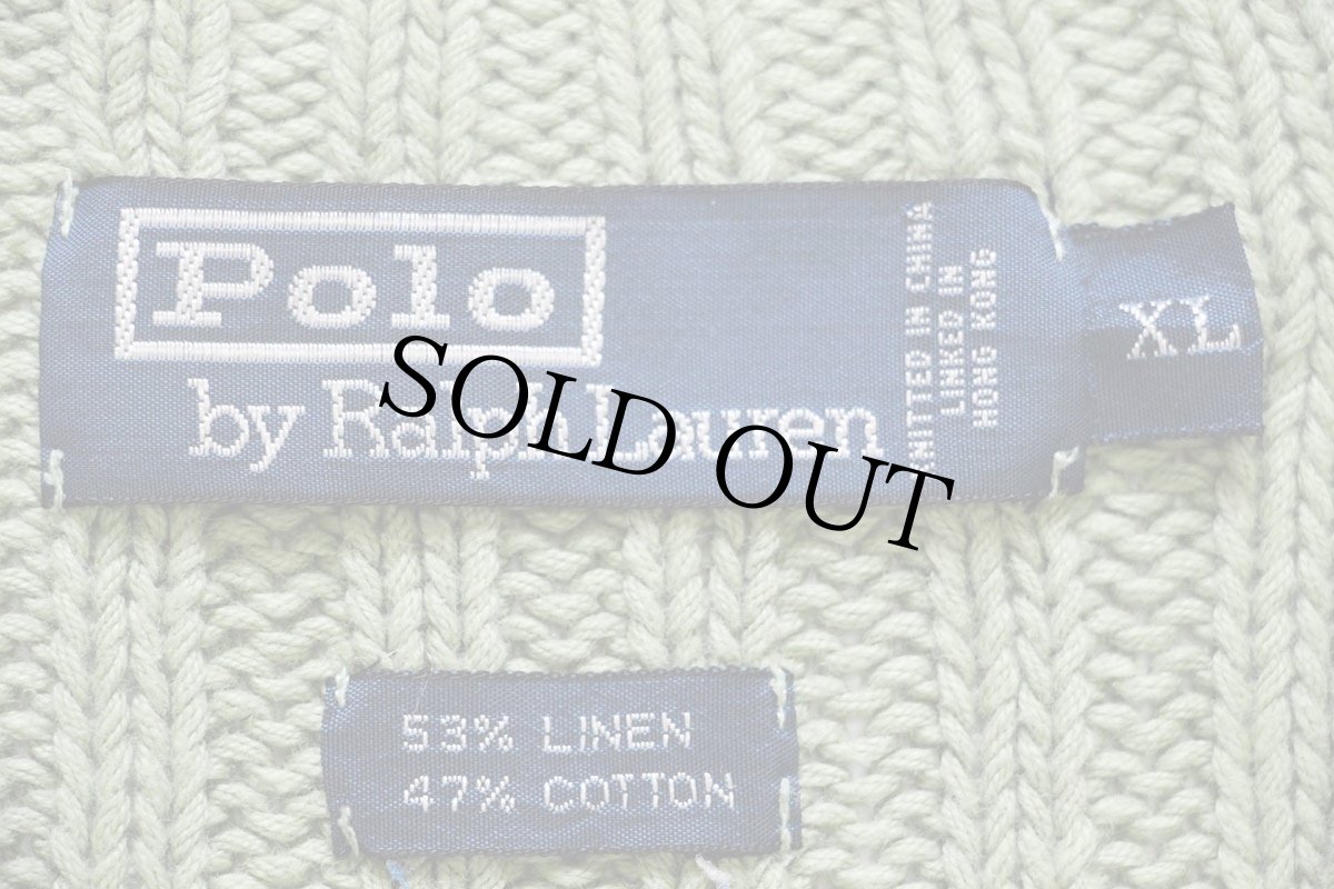 画像4: 90s ポロ ラルフローレン 無地 ハイネック ハーフジップ リネン×コットンニット セーター ライトグリーン XL (4)