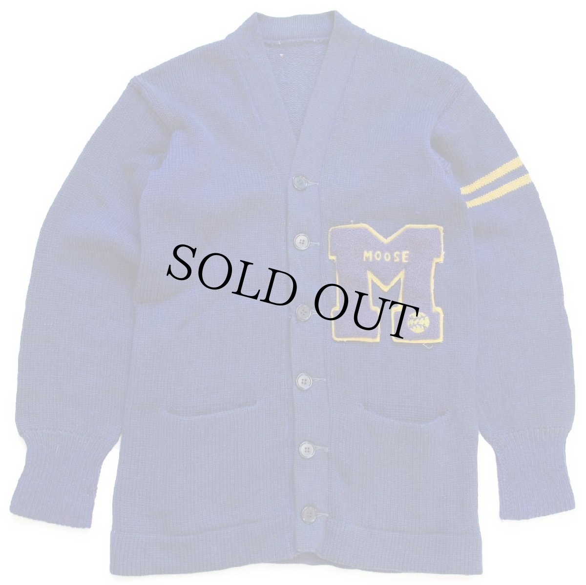 画像1: 50s UNKNOWN MOOSEパッチ付き ウールニット レタードカーディガン ボロ 青 (1)