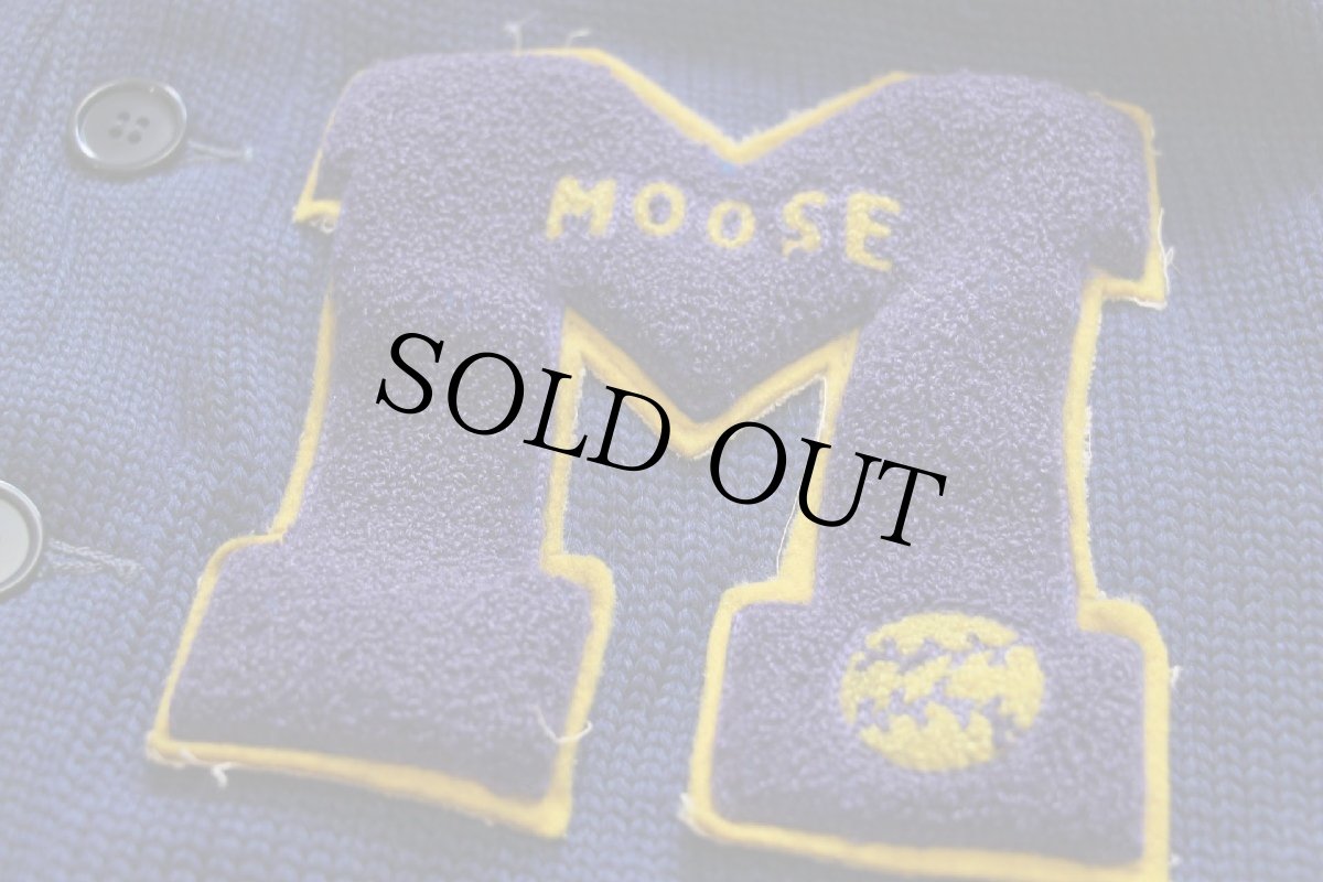 画像4: 50s UNKNOWN MOOSEパッチ付き ウールニット レタードカーディガン ボロ 青 (4)