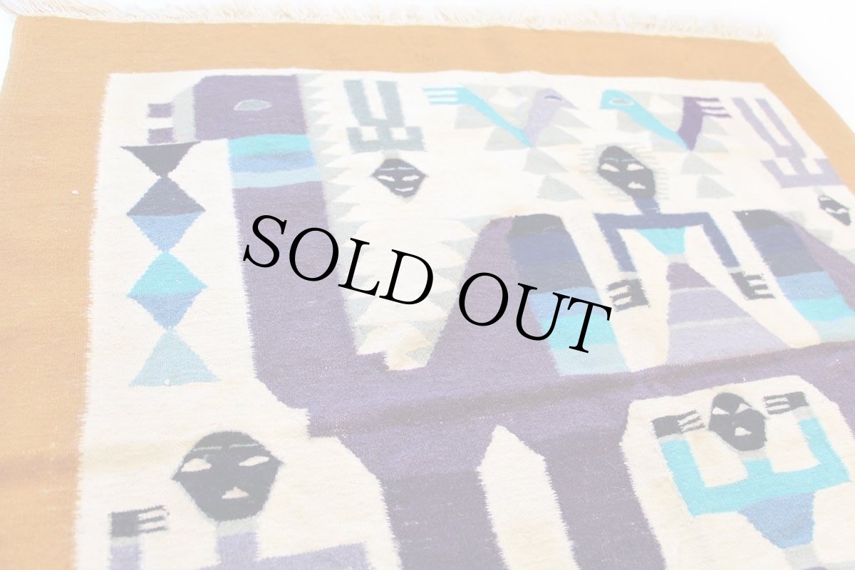 画像2: フォークロア柄 ラクダ バード ウール ラグ マット (2)