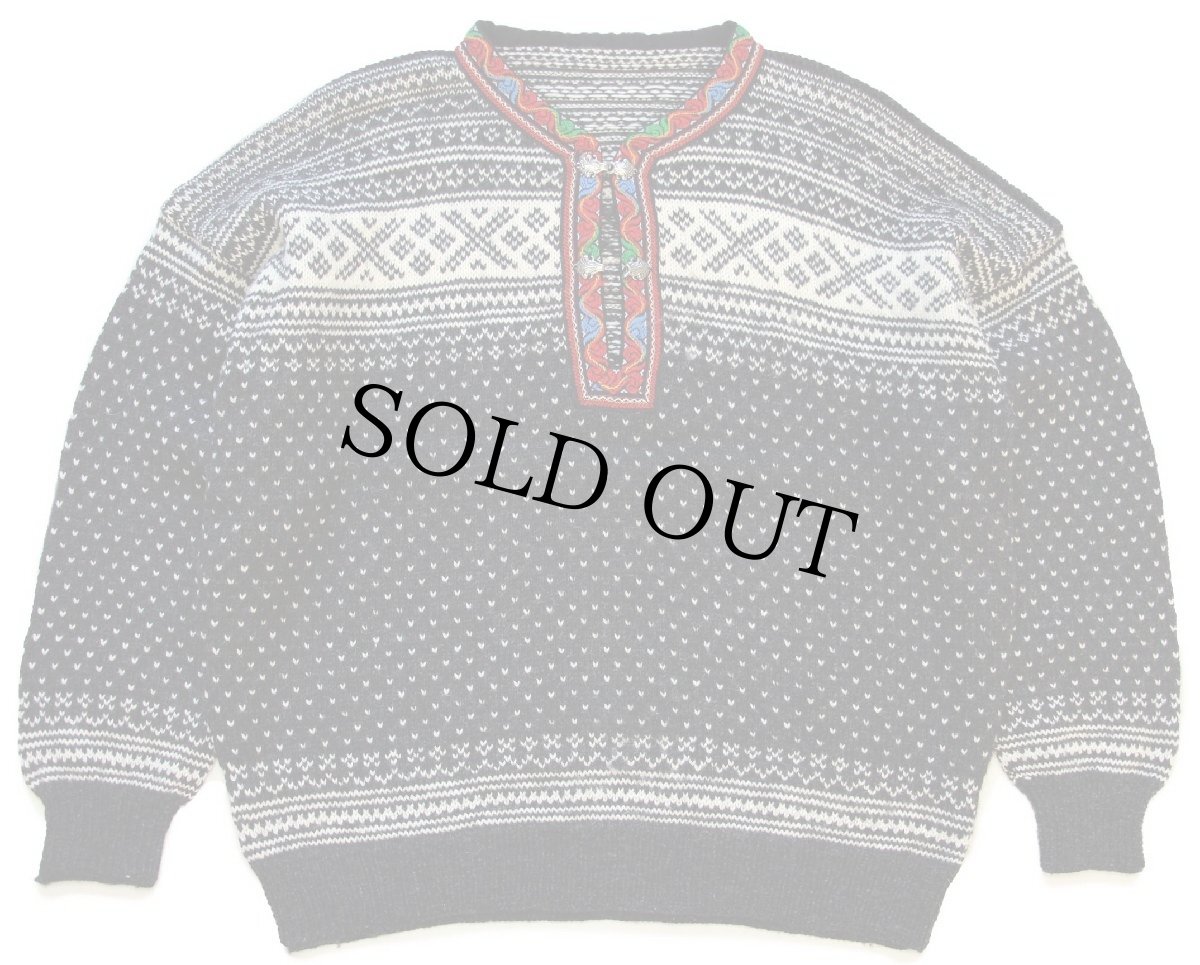 画像1: UNKNOWN ノルディック柄 チロリアンテープ ノーカラー プルオーバー ウールニット セーター (1)