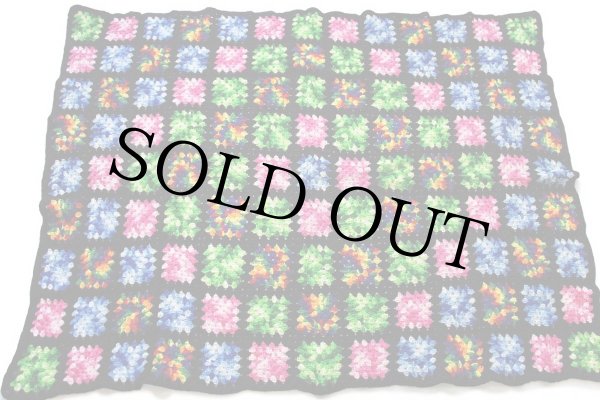 スクエア モチーフ ニット グラニー ブランケット 黒☆E カギ編み