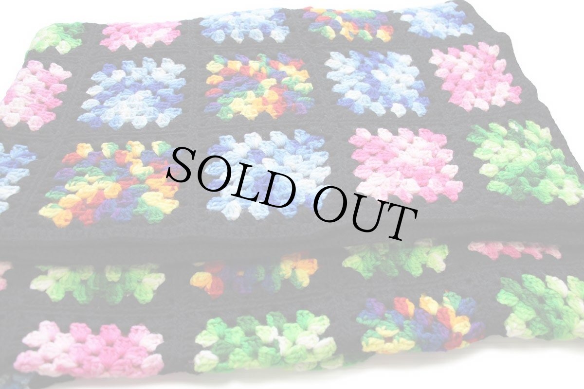 画像1: スクエア モチーフ ニット グラニー ブランケット 黒★E カギ編み (1)