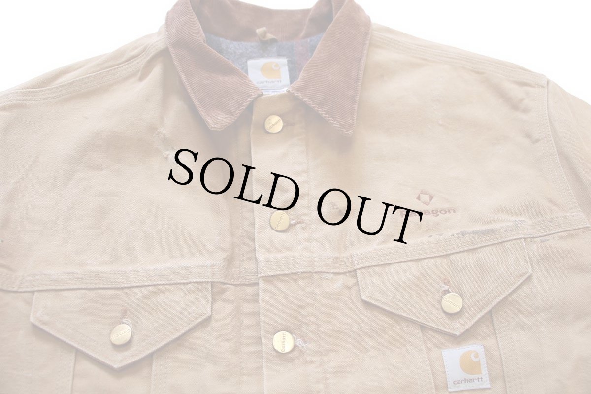 画像3: 00s USA製 carharttカーハート Paragon 刺繍 ペンキ飛び ブランケットライナー ダックジャケット 4ポケット ボロ L (3)