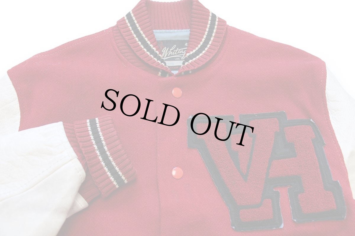 画像3: 60s Whiting レタードパッチ付き メルトン ウール 袖革スタジャン 赤×白 42 (3)