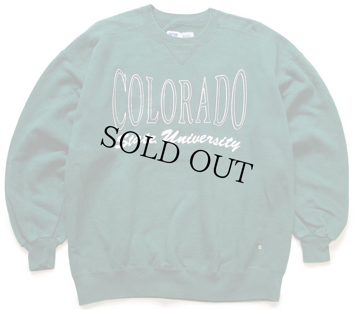 画像1: 90s USA製 RUSSELLラッセル COLORADO State University ペンキ飛び 前V スウェット 緑 XL (1)