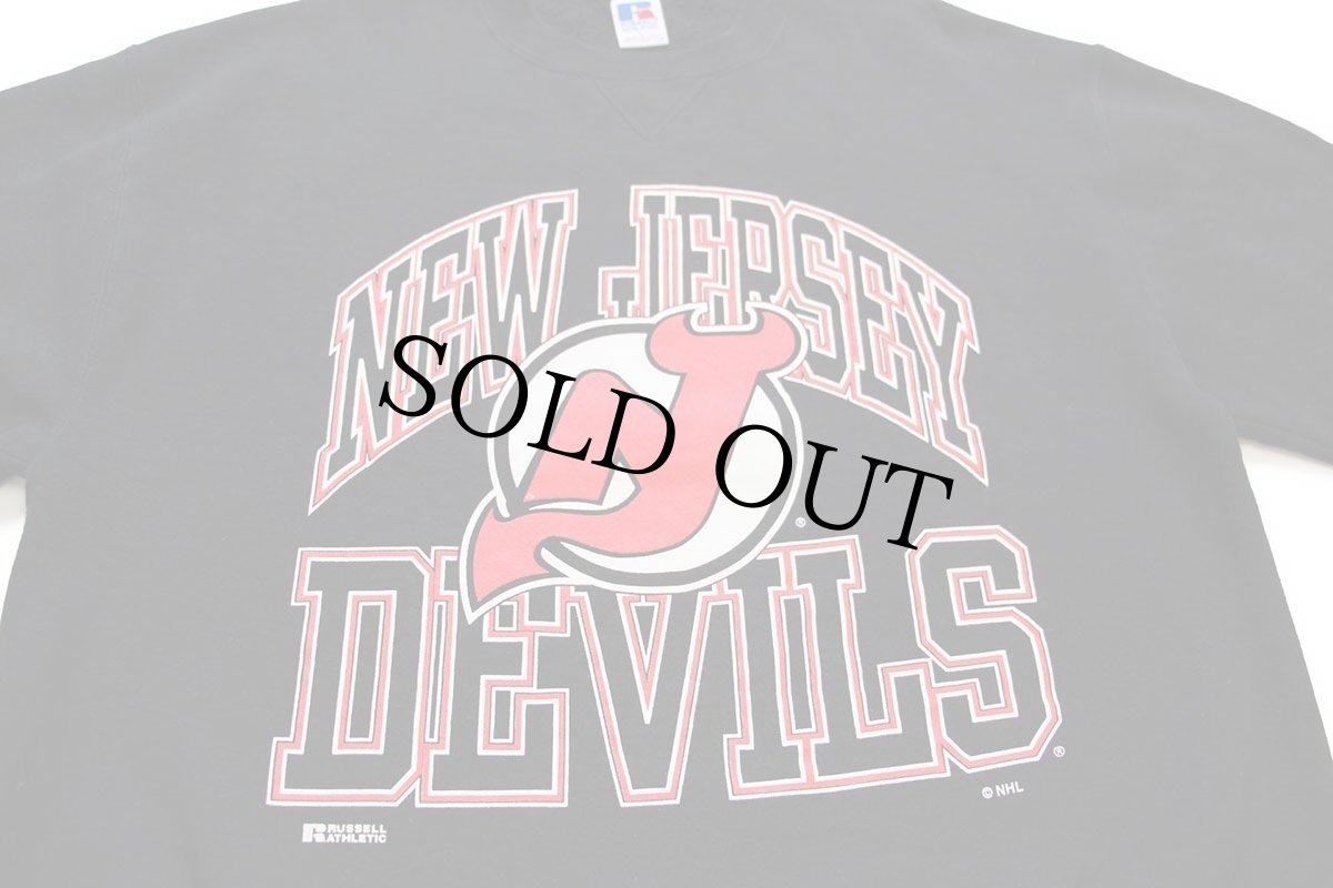 画像3: 90s USA製 RUSSELLラッセル NHL NEW JERSEY DEVILS 前V スウェット 黒 L (3)