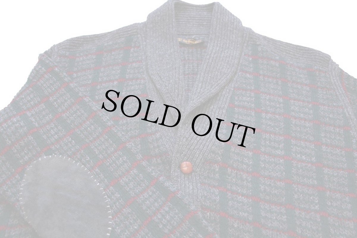 画像3: ビンテージ 英国製 Old Bond Street チェック ショールカラー エルボーパッチ付き ウールニット カーディガン XL (3)