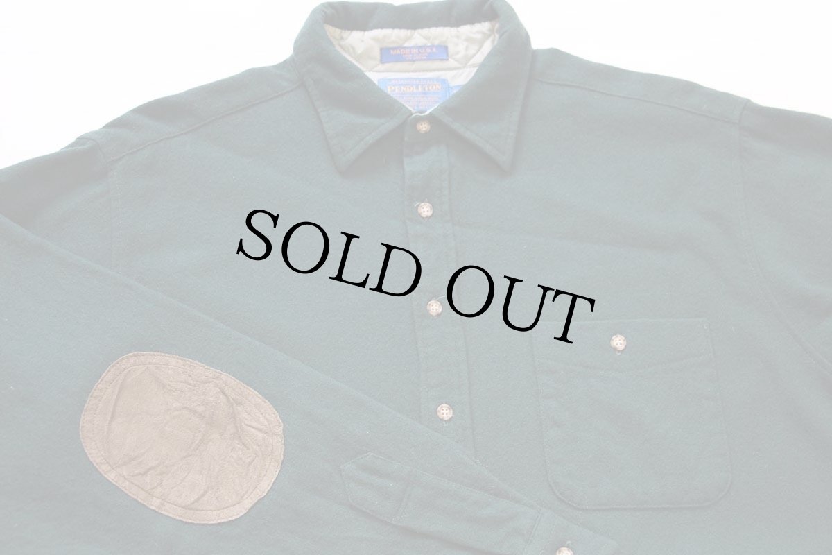 画像3: 90s USA製 PENDLETONペンドルトン 無地 エルボーパッチ付き ウールシャツ 緑 XL-T (3)