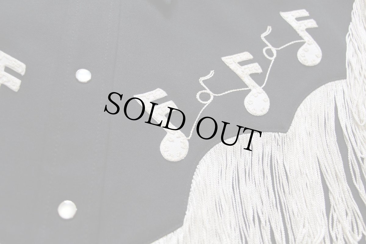 画像4: 70s USA製 HBARC 音符 チェーン刺繍&フリンジ ロカビリー ウエスタンシャツ 黒 17.5 (4)