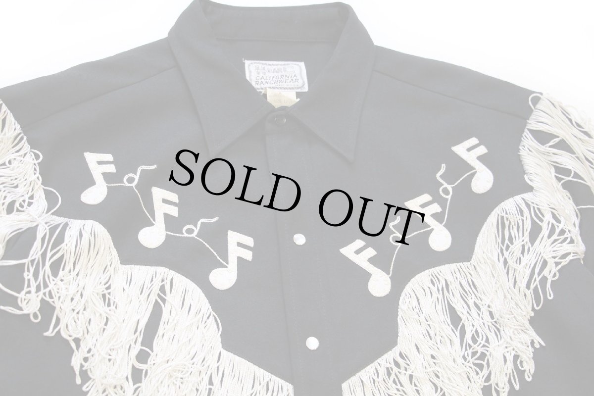 画像3: 70s USA製 HBARC 音符 チェーン刺繍&フリンジ ロカビリー ウエスタンシャツ 黒 17.5 (3)