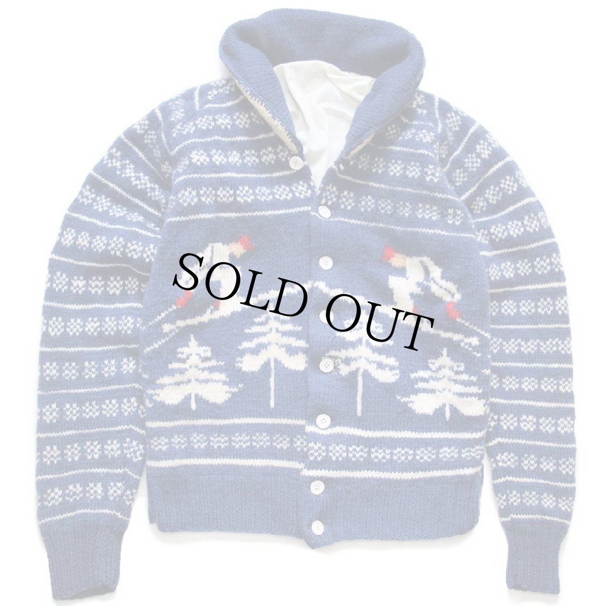 画像1: ビンテージ スキー柄 ショールカラー ウール ハンドニット カーディガン (1)