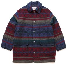 画像1: 90s USA製 Woolrichウールリッチ フォークロア柄 コンチョボタン キルティングライナー ウール ブランケット コート L (1)