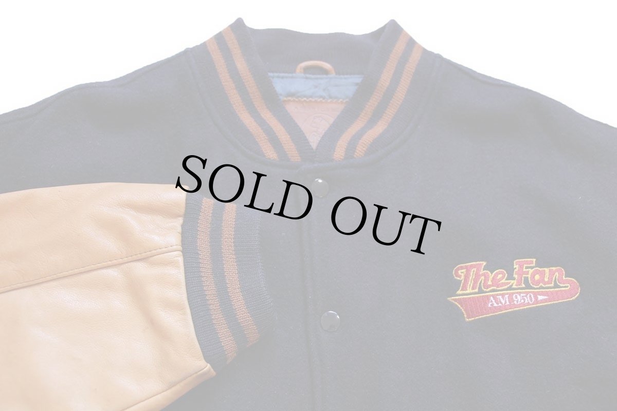 画像3: 90s USA製 Golden Bear The Fan AM950刺繍 キルティングライナー メルトン ウール 袖革スタジャン 濃紺×茶 XL (3)