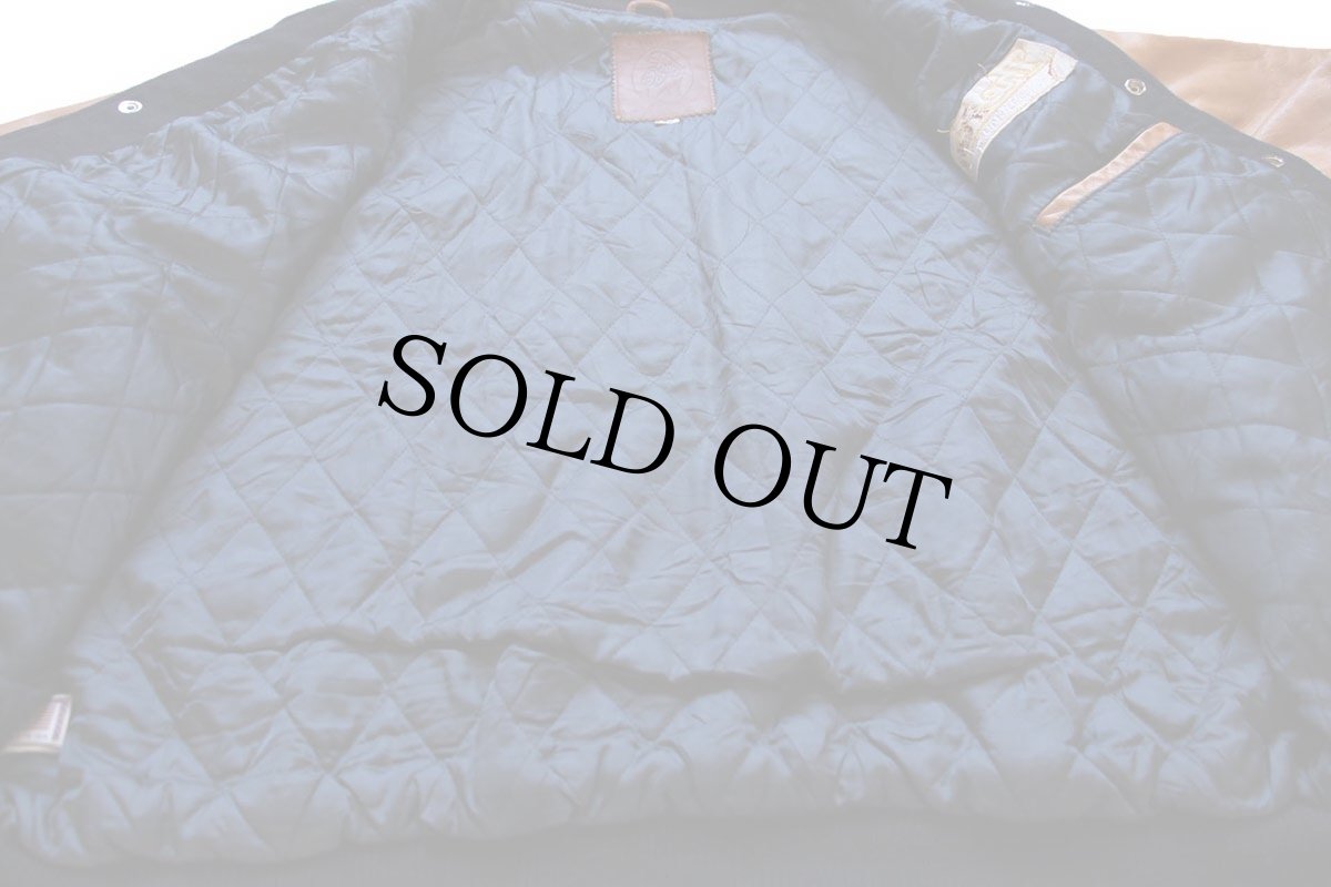 画像5: 90s USA製 Golden Bear The Fan AM950刺繍 キルティングライナー メルトン ウール 袖革スタジャン 濃紺×茶 XL (5)