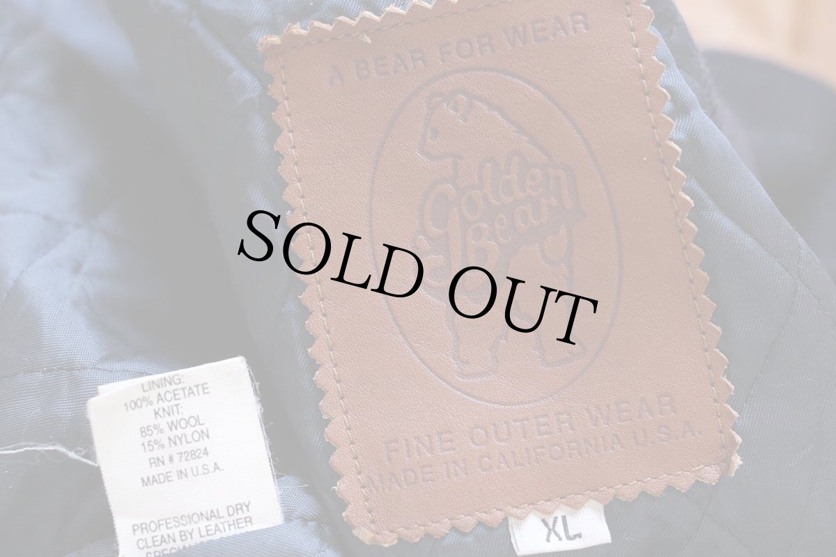 画像4: 90s USA製 Golden Bear The Fan AM950刺繍 キルティングライナー メルトン ウール 袖革スタジャン 濃紺×茶 XL (4)