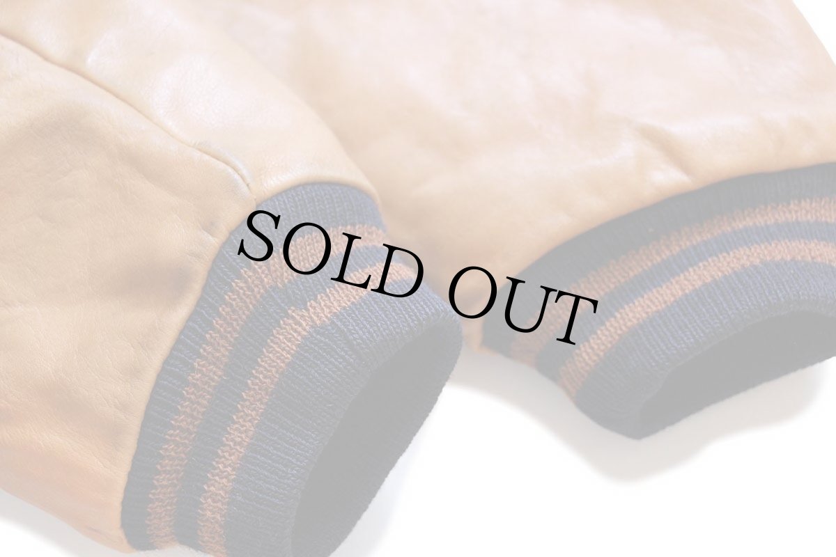 画像7: 90s USA製 Golden Bear The Fan AM950刺繍 キルティングライナー メルトン ウール 袖革スタジャン 濃紺×茶 XL (7)