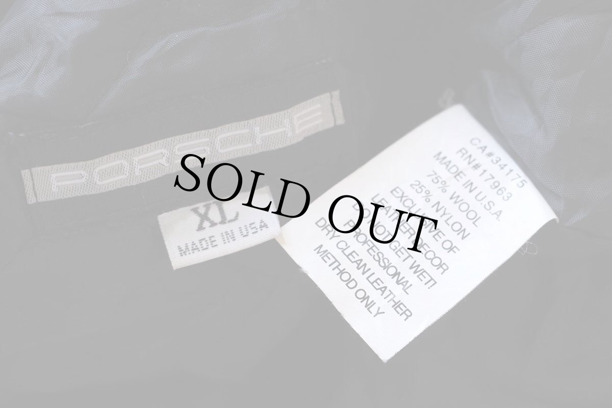 画像5: 00s USA製 PORSCHE ポルシェ ロゴ刺繍 キルティングライナー メルトン ウール 袖革スタジャン 黒 XL★ジャケット (5)