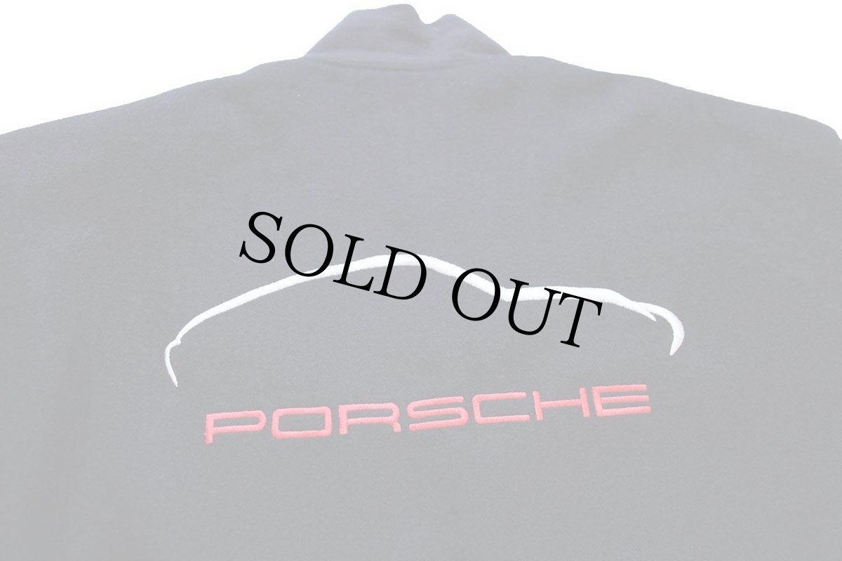 画像4: 00s USA製 PORSCHE ポルシェ ロゴ刺繍 キルティングライナー メルトン ウール 袖革スタジャン 黒 XL★ジャケット (4)