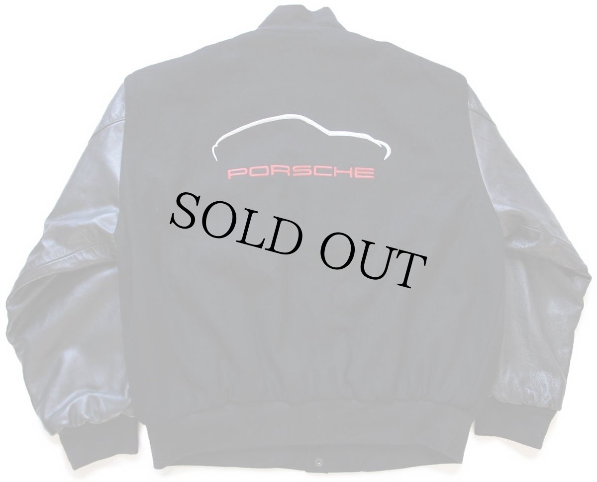 画像2: 00s USA製 PORSCHE ポルシェ ロゴ刺繍 キルティングライナー メルトン ウール 袖革スタジャン 黒 XL★ジャケット (2)