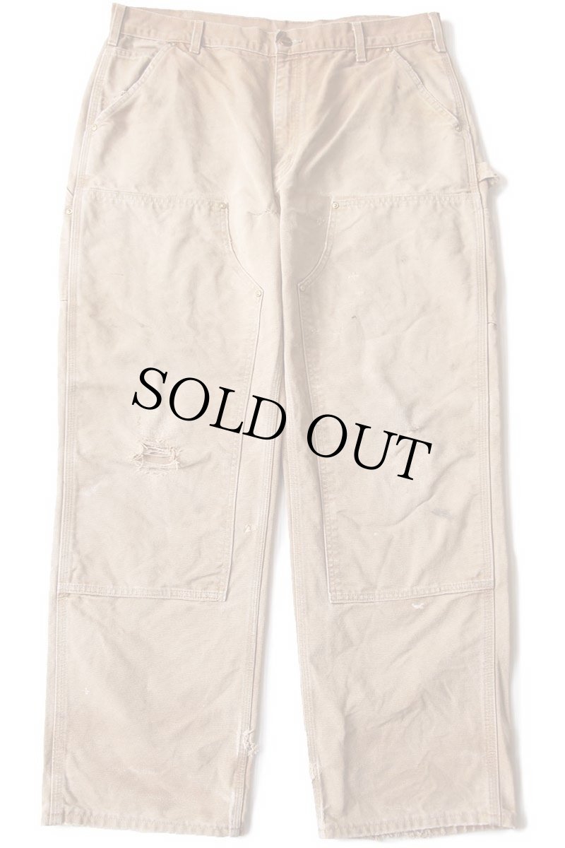 画像2: USA製 carharttカーハート ダブルニー ダック地 ペインターパンツ ボロ 茶 W38 L32 (2)