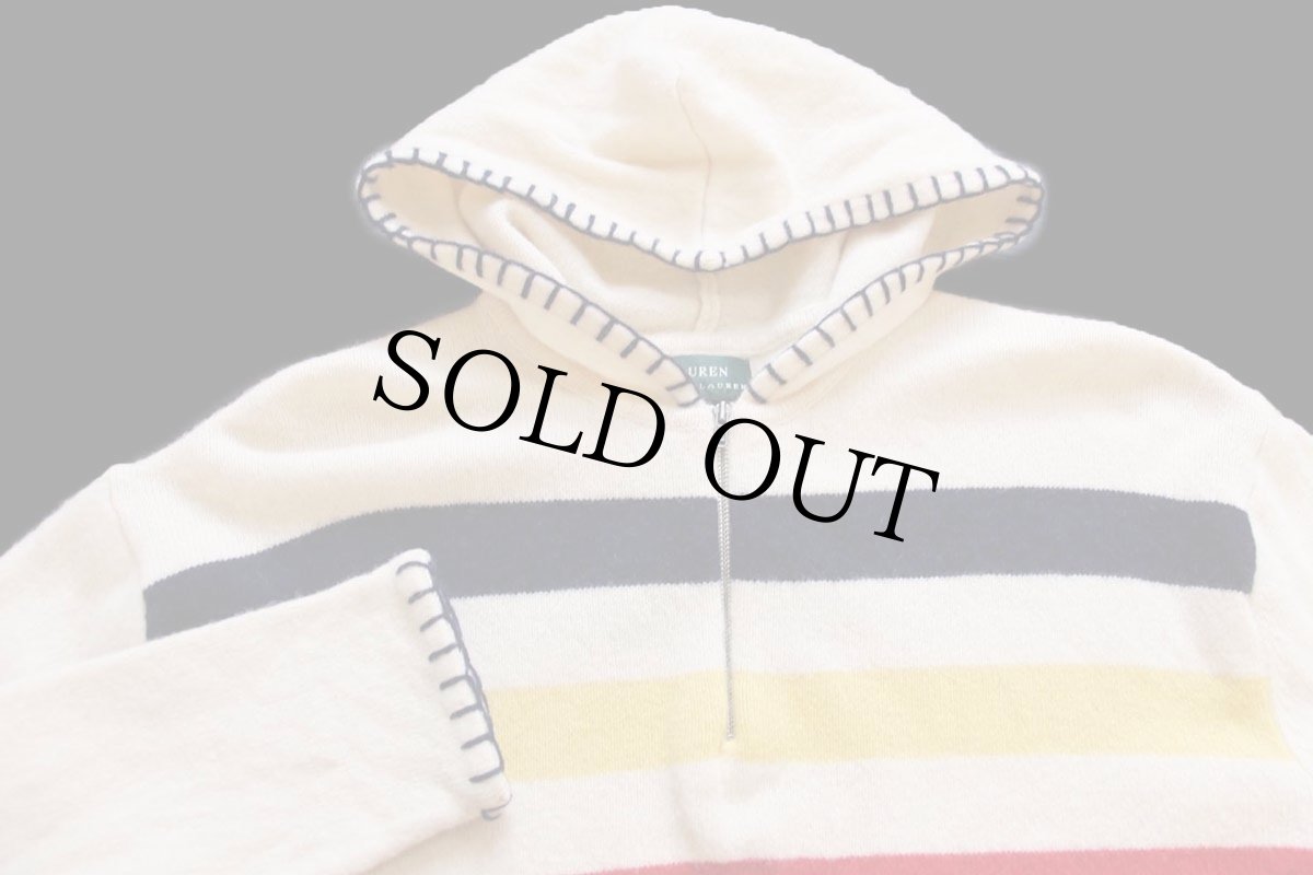 画像3: 90s LAUREN ラルフローレン マルチボーダー ハーフジップ ラムウール ニットパーカー M★ハドソンズベイ (3)