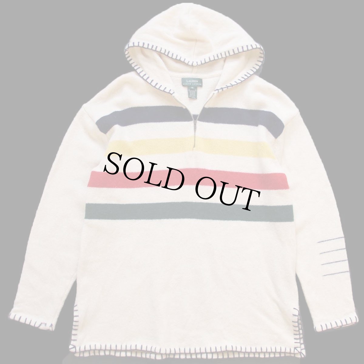 画像1: 90s LAUREN ラルフローレン マルチボーダー ハーフジップ ラムウール ニットパーカー M★ハドソンズベイ (1)