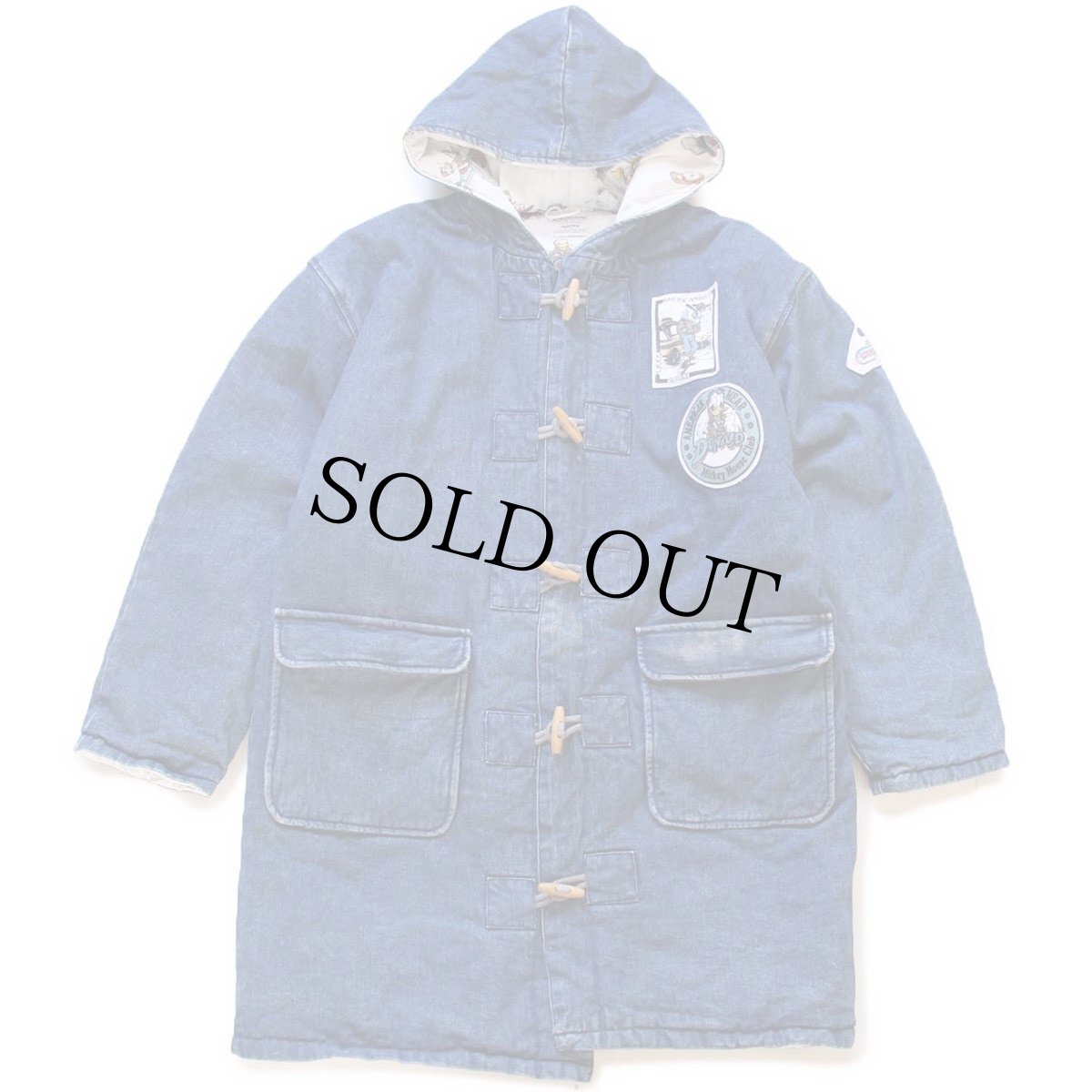 画像1: 80s ragazzeria×Disneyディズニー ミッキー マウス パッチ付き ドナルドダック総柄 ライナー デニム ダッフルコート (1)