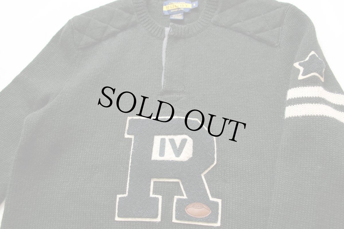 画像3: 00s RUGBY ラルフローレン パッチ付き ヘンリーネック ウールニット レタードセーター 深緑 S (3)