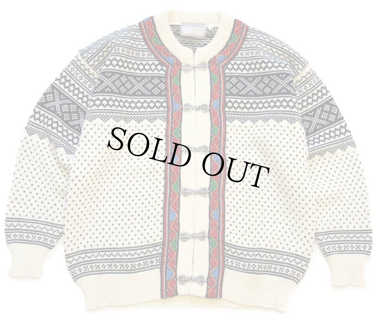 画像1: ノルウェー製 NORLENDER ノルディック柄 チロリアンテープ ウールニット カーディガン S (1)