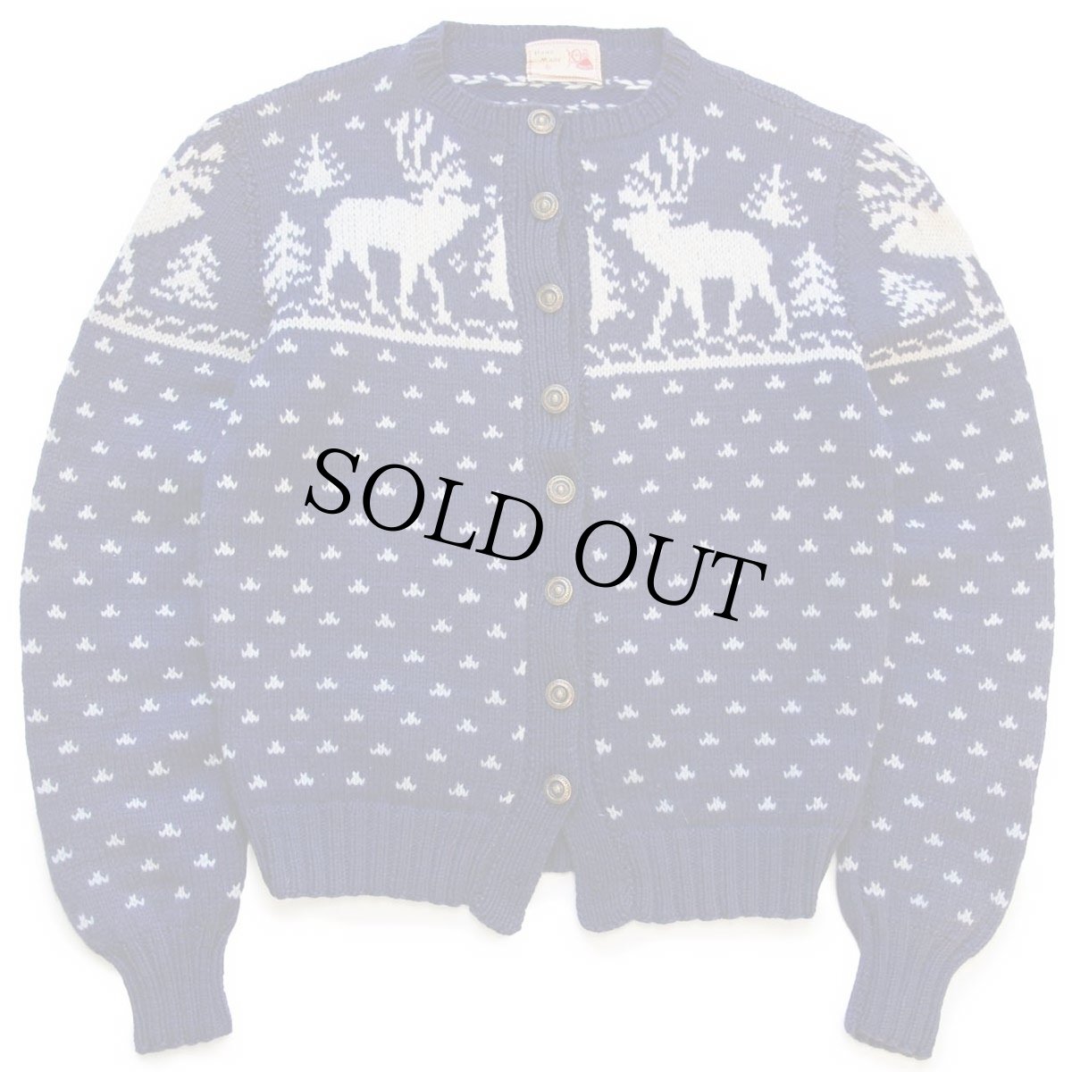 画像1: 60s 鹿柄 ノルディック柄 ウール ハンドニット カーディガン (1)