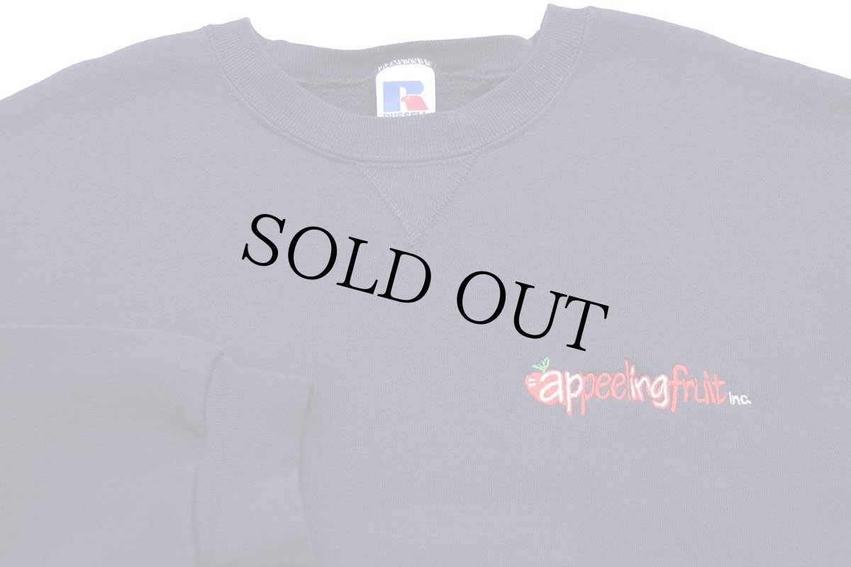 画像3: 90s メキシコ製 RUSSELLラッセル appeeling fruit Inc. ロゴ刺繍 前V スウェット ナス紺 L (3)