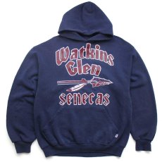 画像1: 90s メキシコ製 RUSSELLラッセル Watkins Glen senecas スウェットパーカー ナス紺 M★フーディー (1)