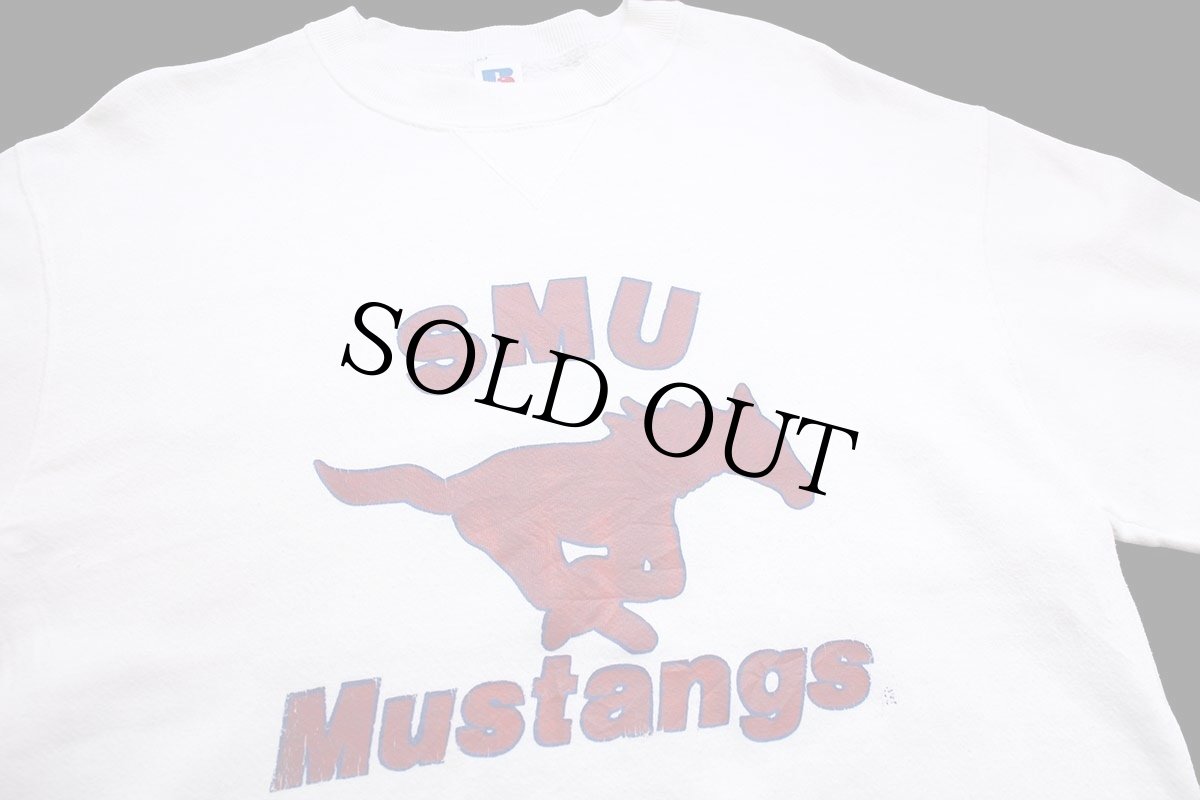 画像3: 80s USA製 RUSSELLラッセル SMU Mustangs ホース 前V スウェット 白 L (3)