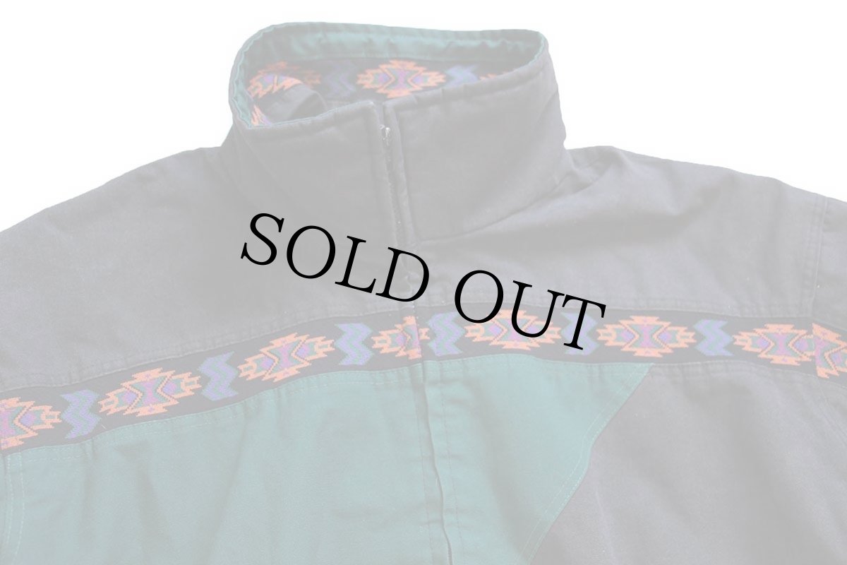 画像3: 80s USA製 David James ネイティブ柄 ニット&ツートン切り替え アシンメトリー キルティングライナー ジャケット 薄黒×緑 L (3)