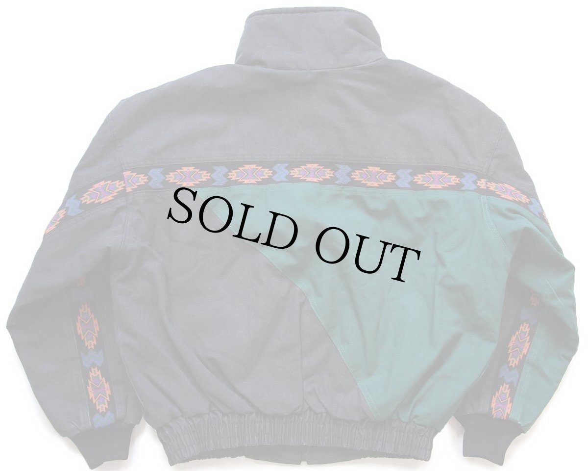 画像2: 80s USA製 David James ネイティブ柄 ニット&ツートン切り替え アシンメトリー キルティングライナー ジャケット 薄黒×緑 L (2)