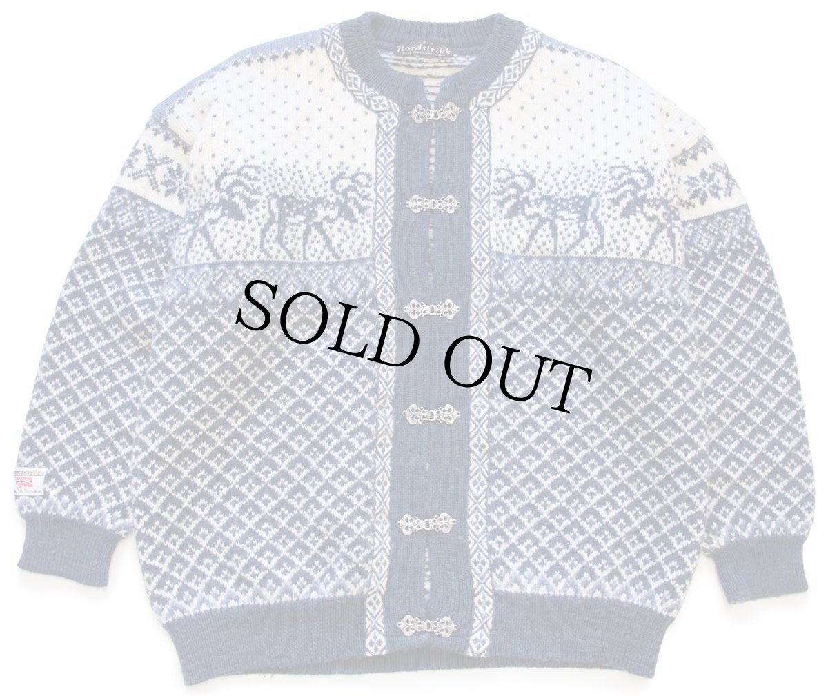 画像1: ノルウェー製 nordstrikk 鹿柄 ノルディック柄 ウールニット カーディガン XL (1)