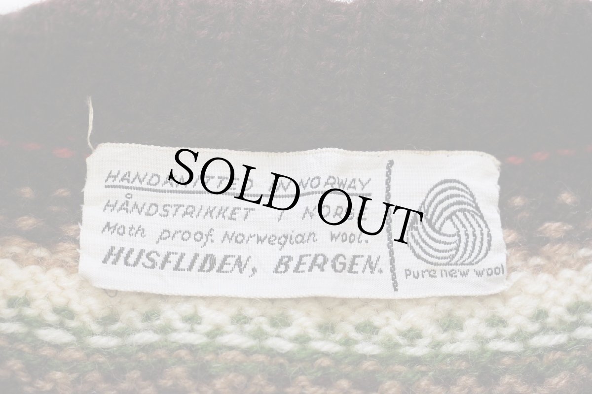 画像4: 60s ノルウェー製 HUSFLIDEN 丸ヨーク ノルディック柄 ノルウェージャン ウール ハンドニット カーディガン (4)