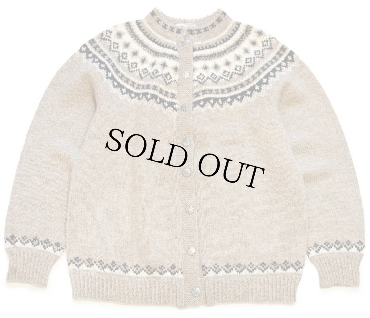 画像1: 60s ノルウェー製 Husfliden 丸ヨーク ノルディック柄 スタンドカラー ウール ハンドニット カーディガン (1)